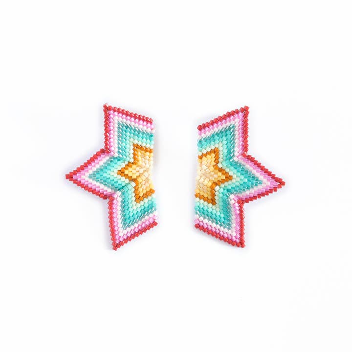 Mayana Designs Co - Wholesale Dangle Earrings - Beaded Handwoven Medium Half Star Earrings (Blue/Pink)