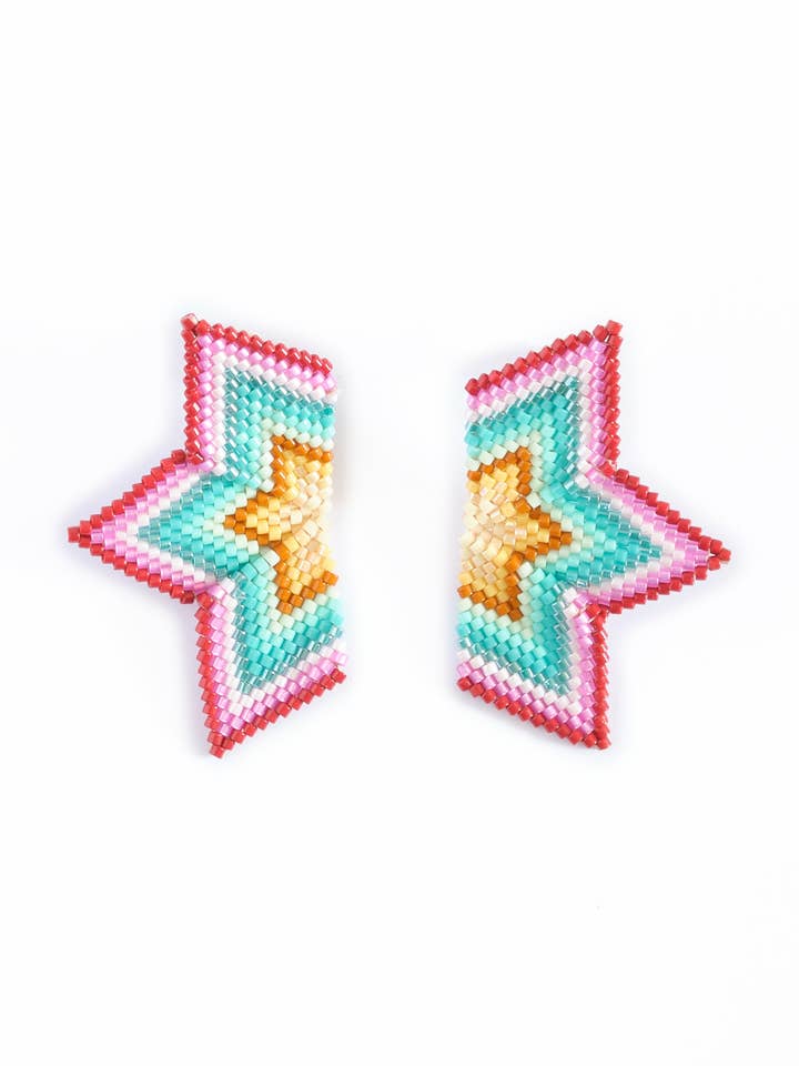 Handgewebte mittelgroße Stern-Ohrringe mit Perlen (Lila/Aqua) für den Großhandel von Mayana Designs Co