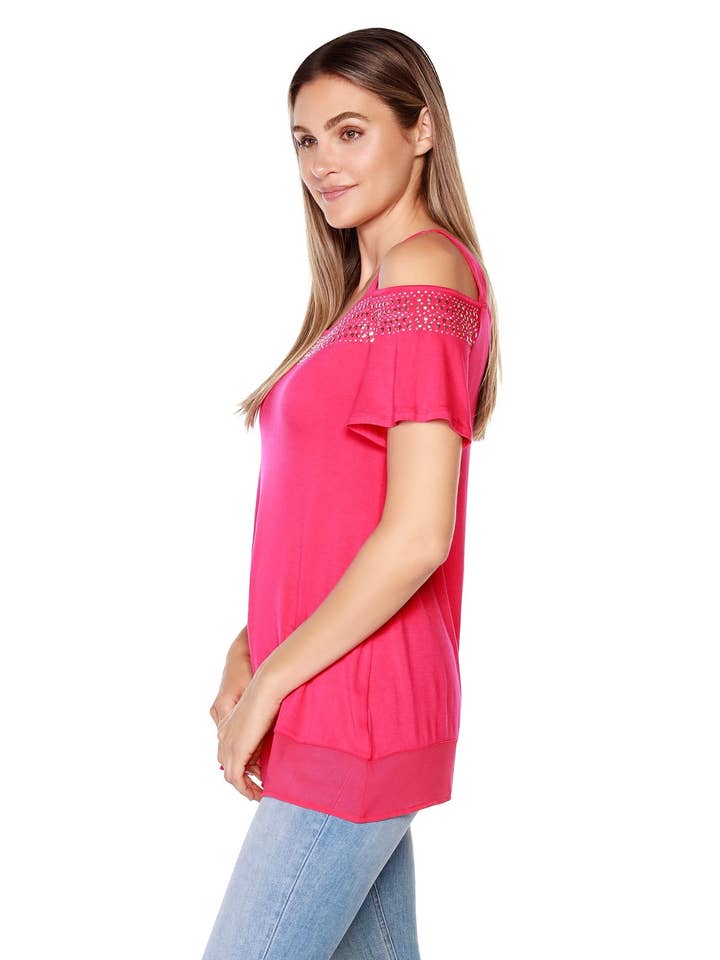 Belldini - Wholesale Blouse - Women's - Women's Cold Shoulder Tunic with Studs and Sequins