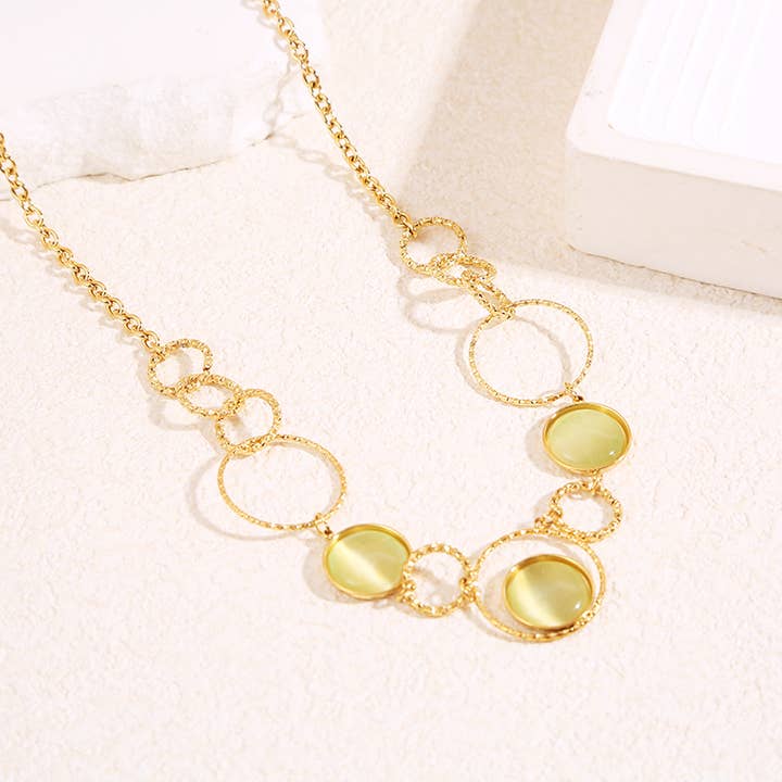 Colar de corrente redonda com 3 pedras olho de gato verde por atacado de joya