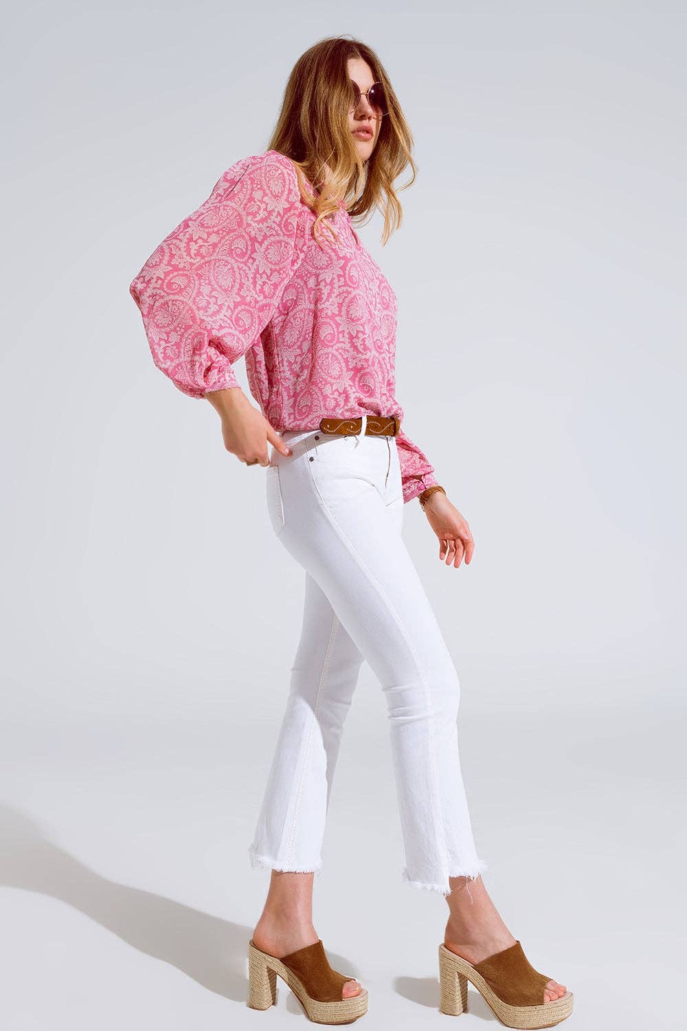 Roze Roze chiffon blouse met bloemenprint en lange ballonmouwen voor groothandel op Faire2