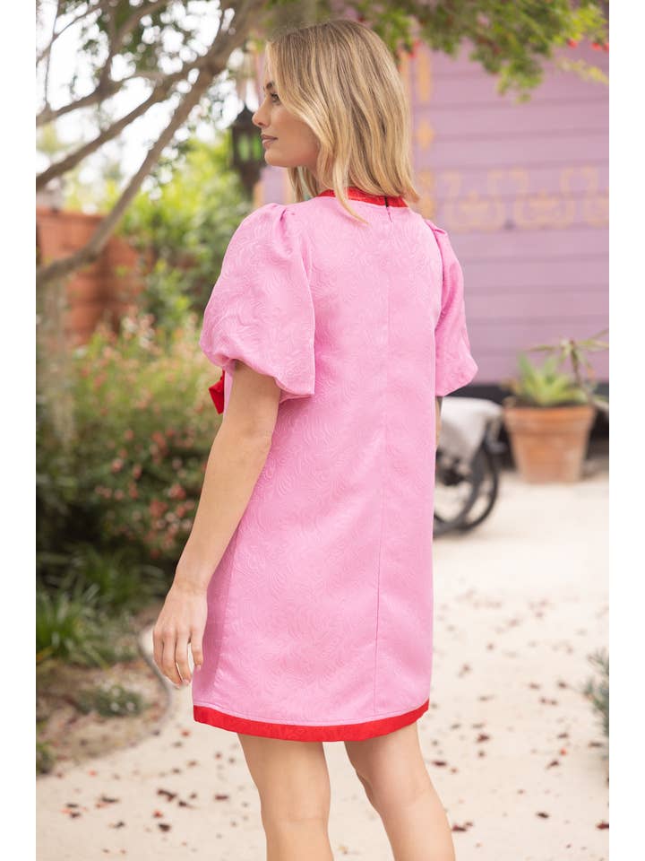 Pink 35718 Double Front Bow Contrast Paisley Jacquard Dress for wholesale on Faire6