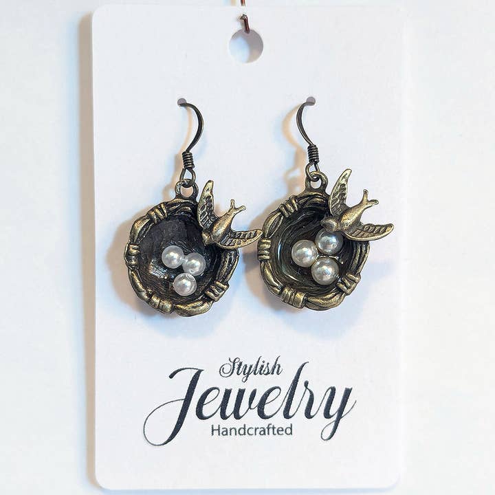 Stylish Jewelry Supply - Wholesale Dangle Earrings - Antique Bronze Sparrow Bird Nest Eggs Earrings