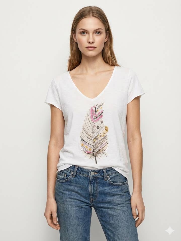 T-shirt stampato con piuma rosa @2993_TsPlumeRose per la vendita all'ingrosso da parte di Mimi & Gogo