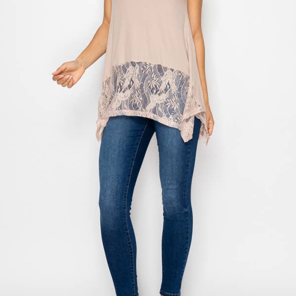 Soft Relaxed Tank With Delicate Sparkly Lace Hem 501-T18TAUP for wholesale by Origami Apparel ~ Lace and Crochet inspired