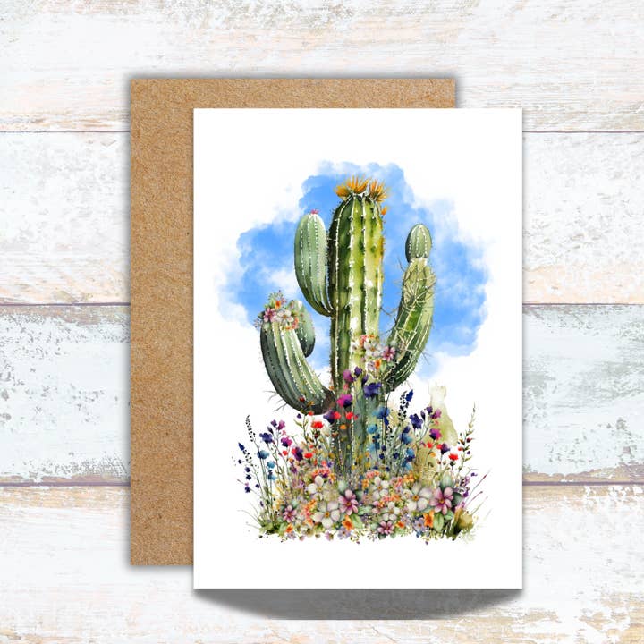 Arizona Saguaro and Blue Clouds Watercolor Greeting Card for wholesale by Designs by Michaela