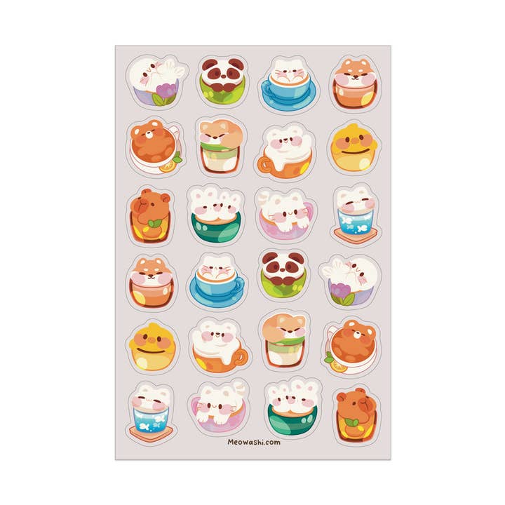 Animal Latte Art Sticker Sheet for wholesale by Meowashi Studio