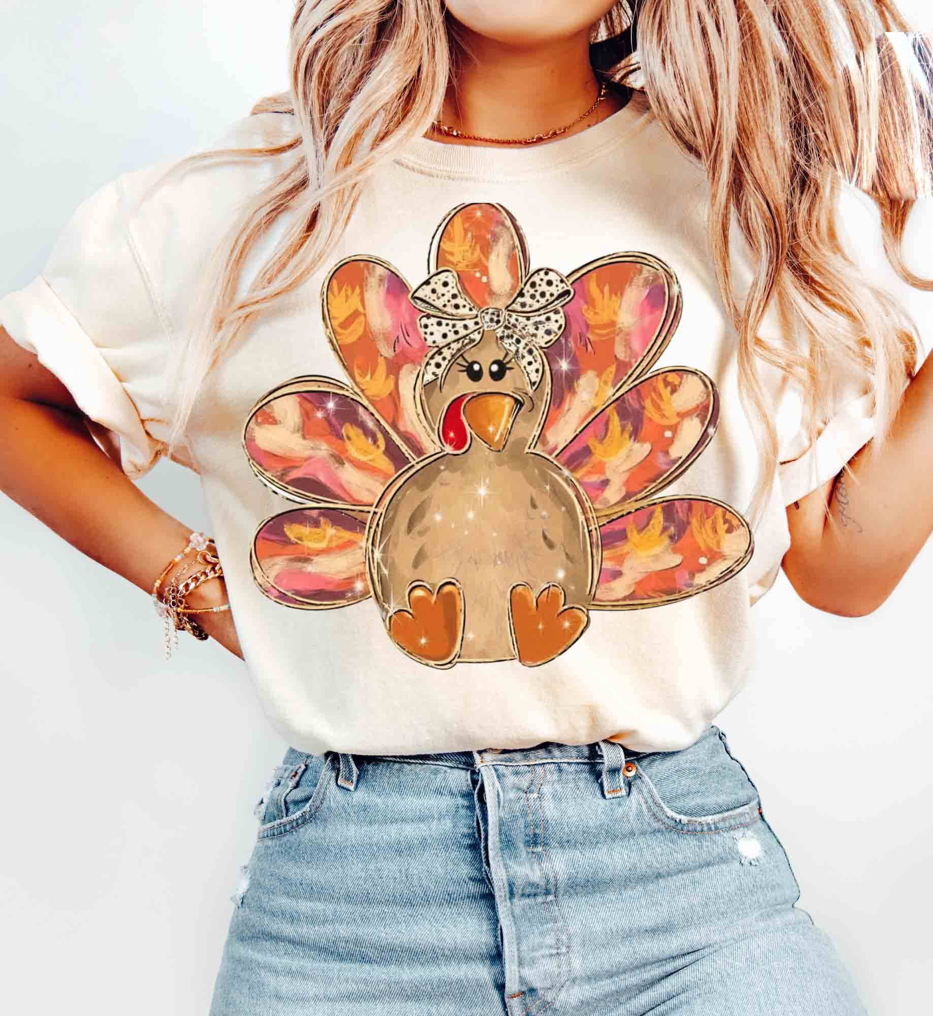 NVC Ecommerce LLC - Wholesale T-Shirt (Graphic) - Women's - Colorful Gold Glitter Turkey Sweatshirt, Thanksgiving Shirt