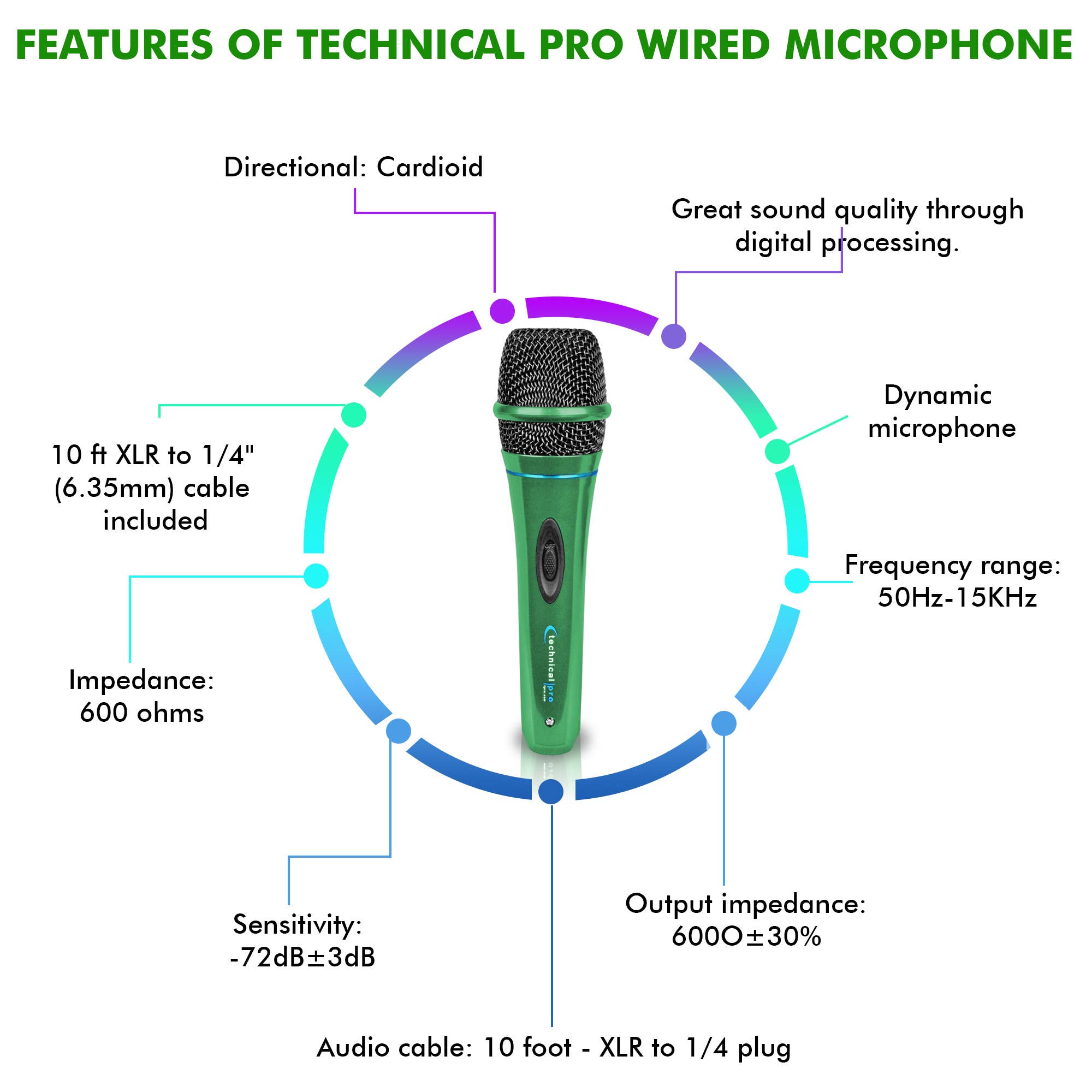 Technical Pro - Wholesale Musical Instrument - Portable Microphone w/ Digital Processing & Green Wired Mic2