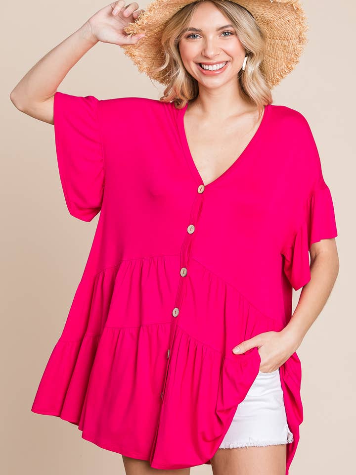 G-129 Button Up Ruffled Babydoll Tunic Top for wholesale by Emerald Collection