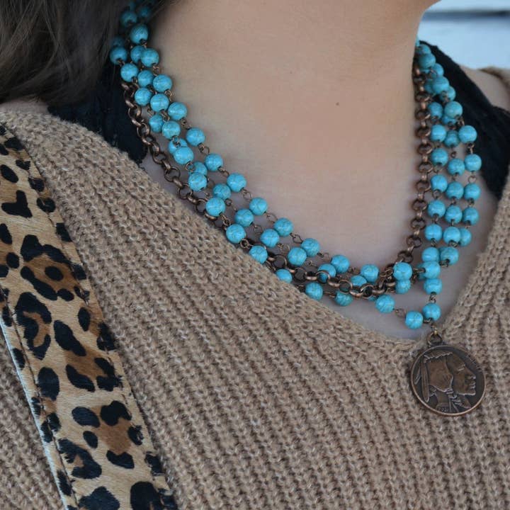 The Jewelry Junkie - Wholesale Pendant/Charm Necklace - Blue Turquoise Collar-Length Necklace w/ Indian Buffalo Coin 114E2