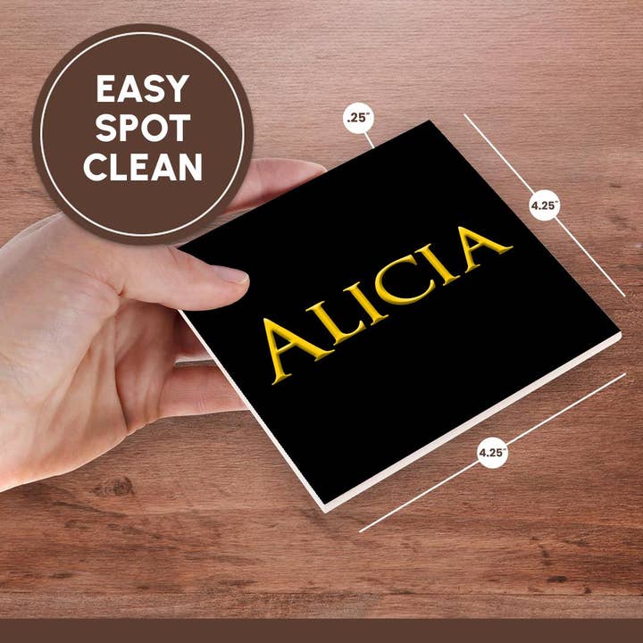 3dRose - Wholesale Coasters - 3dRose, Alicia attractive female name in the USA. Yellow on black talisman, Coaster6