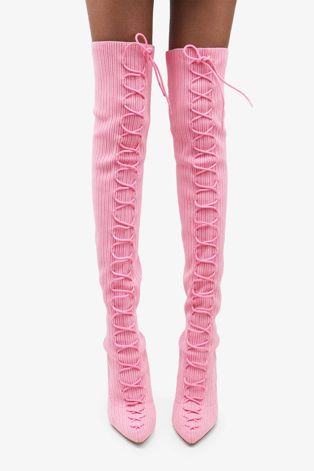 Lemonade Shoes – Botas - Mulher por atacado – ZERI - Bota rosa de tricô tipo meia, acima do joelho com cadarço2