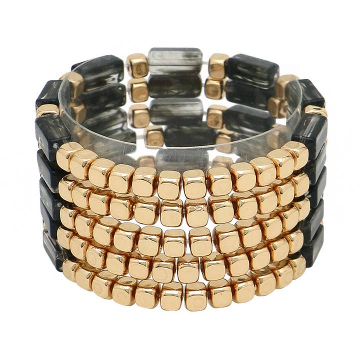 Sort akrylrektangel og guldperlesæt med 5 strækarmbånd for engroshandel hos What's Hot