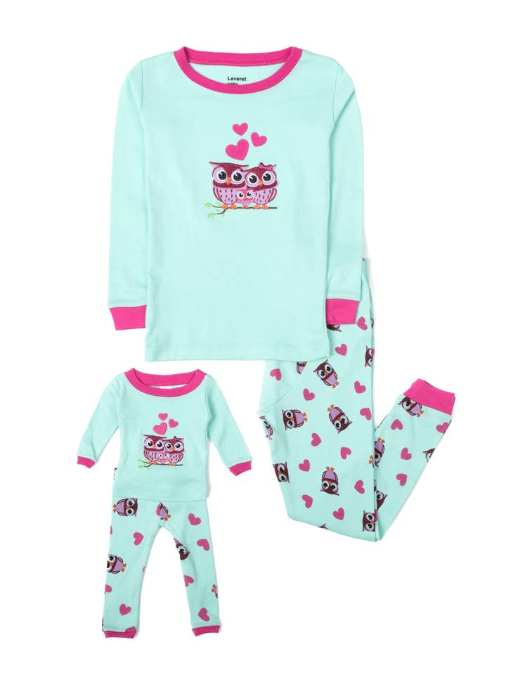 Leveret Pajamas - Wholesale Sleepwear Set - Kids - Kids Girl & Doll Cotton Owl Pajama