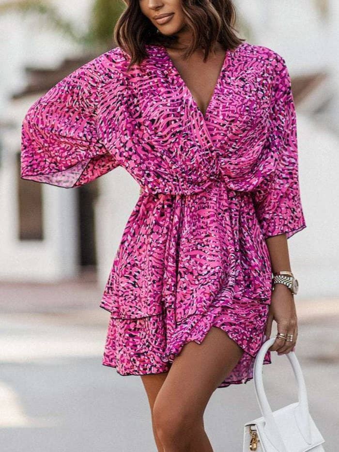 HIDDENBRAND - Wholesale Dress - Women's - V-Neck Print Waist Cinched Dolman Sleeve Dress