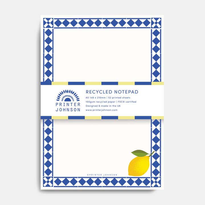 Lemon | A5 notepad | 52 printed pages, recycled jotter for wholesale by Printer Johnson Ltd