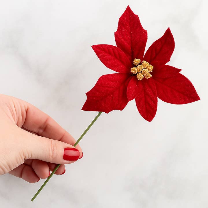Factory Direct Craft – wholesale Artificial flowers – 7" Red Velveteen Poinsettia Christmas Floral Pick5