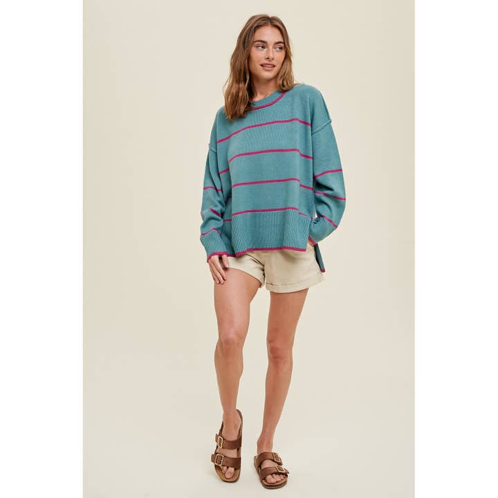 TEAL MAGENTA STRIPED SWEATER WITH SIDE SLITS / WL23-7610 for wholesale on Faire