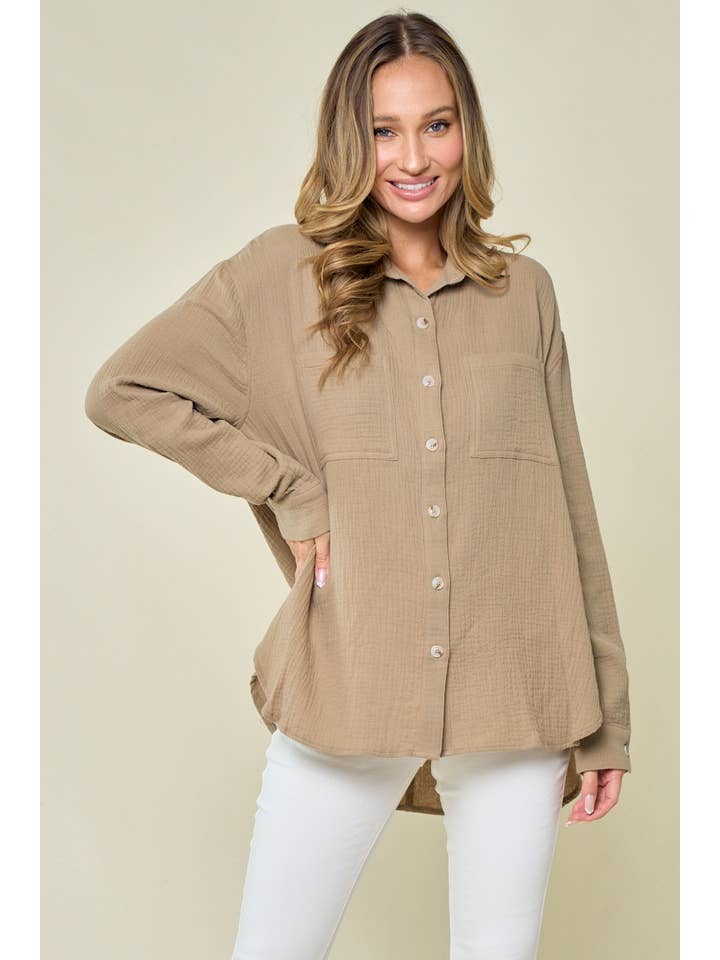 WISTERIA LANE - Wholesale Button Down Shirt - Women's - OVERSIZED GAUZE SHIRTING - 1353 LIGHT GREY 2