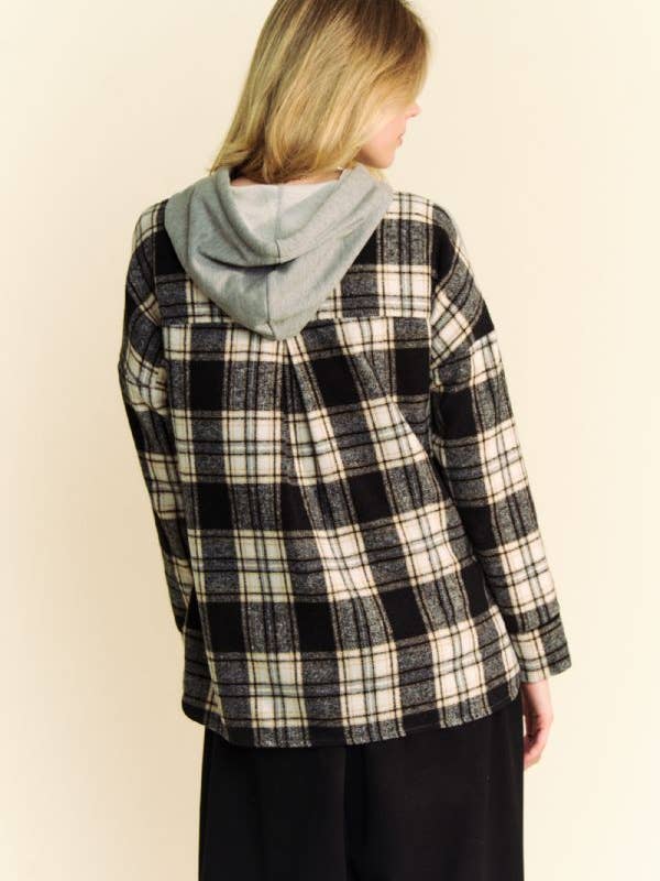 Heather Grey PLAID PIECE BLOCKED FLEECE LINED HOODIE TOP for wholesale on Faire6