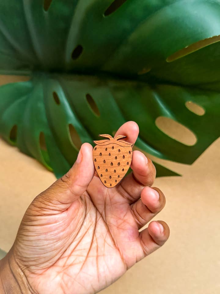 Wooden Strawberry Pin for wholesale by The Independent Youth