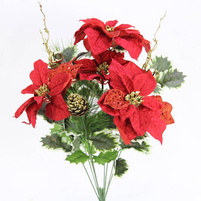 22" Poinsettia Bush With Bells & Pine Cones for wholesale by Marlow Floral Products