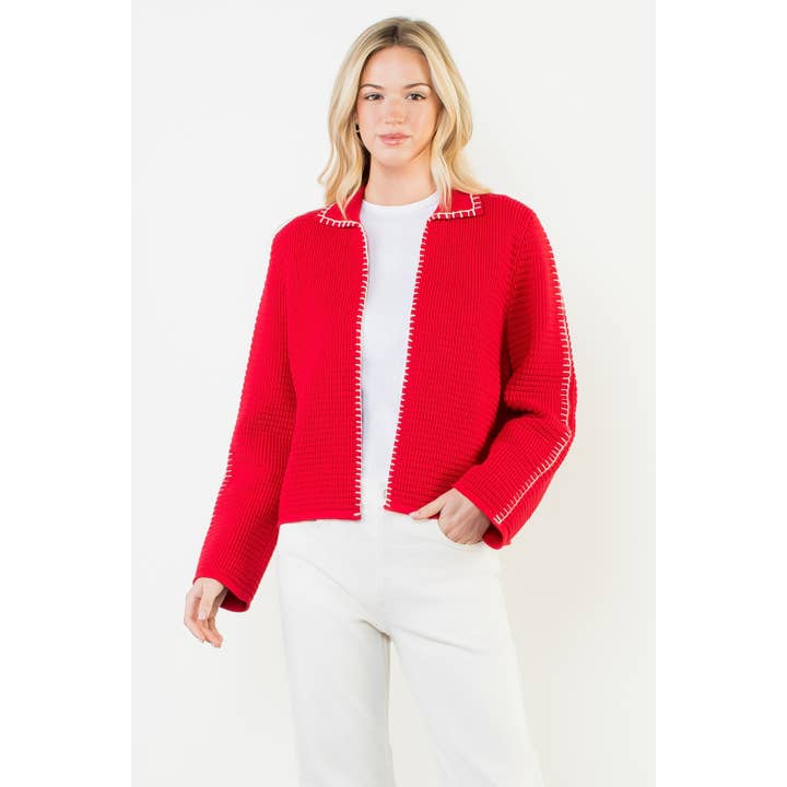 Strikket cardigan med krave og kontrastsyning for engroshandel hos THML