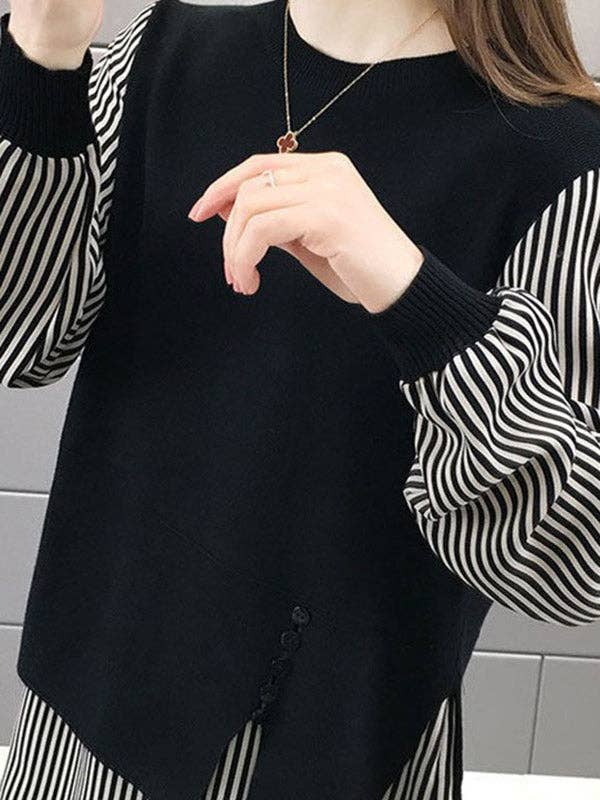 ShieldChic - Wholesale Knit Sweater - Women's - Original Loose Split-Joint 5 Colors Striped Round-Neck Long Sleeves False Two Sweater Top5