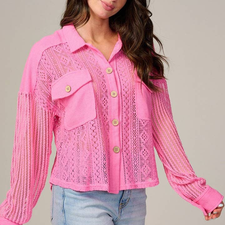 NJ90251- Sheer lace and solid knit button-down shirt for wholesale by IWT Brands