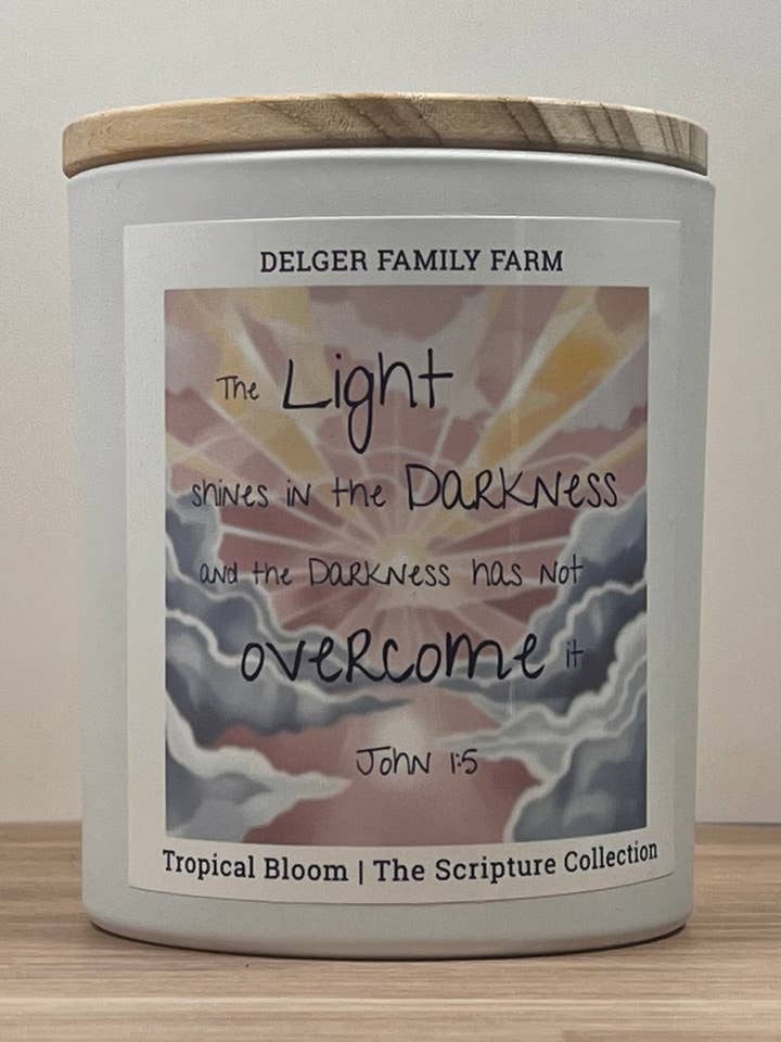 Tropical Bloom Scripture Candle for wholesale by Delger Family Farm