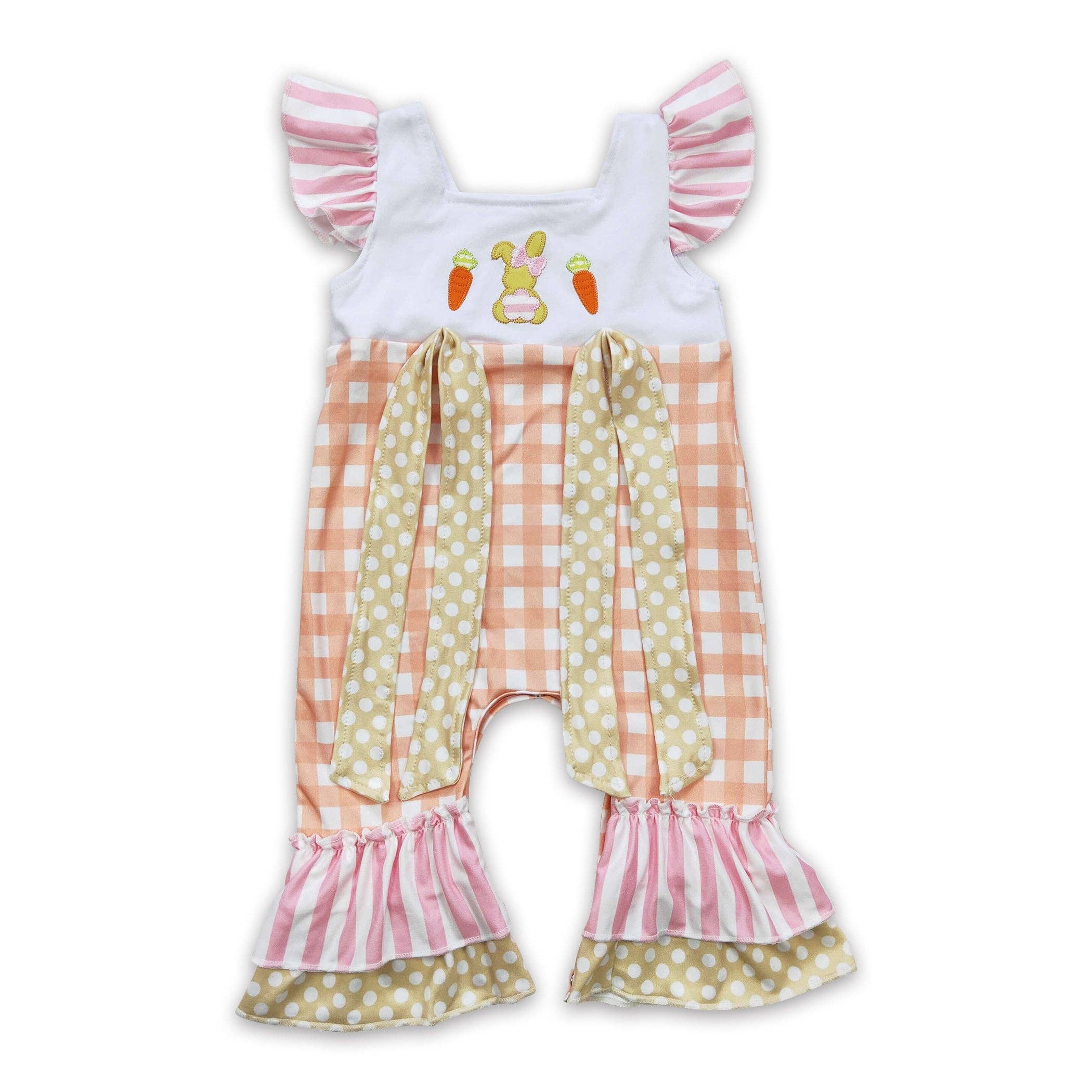 Yawoo Garments - Wholesale Jumpsuit - Baby - Rabbit carrot embroidery plaid baby girls easter romper1