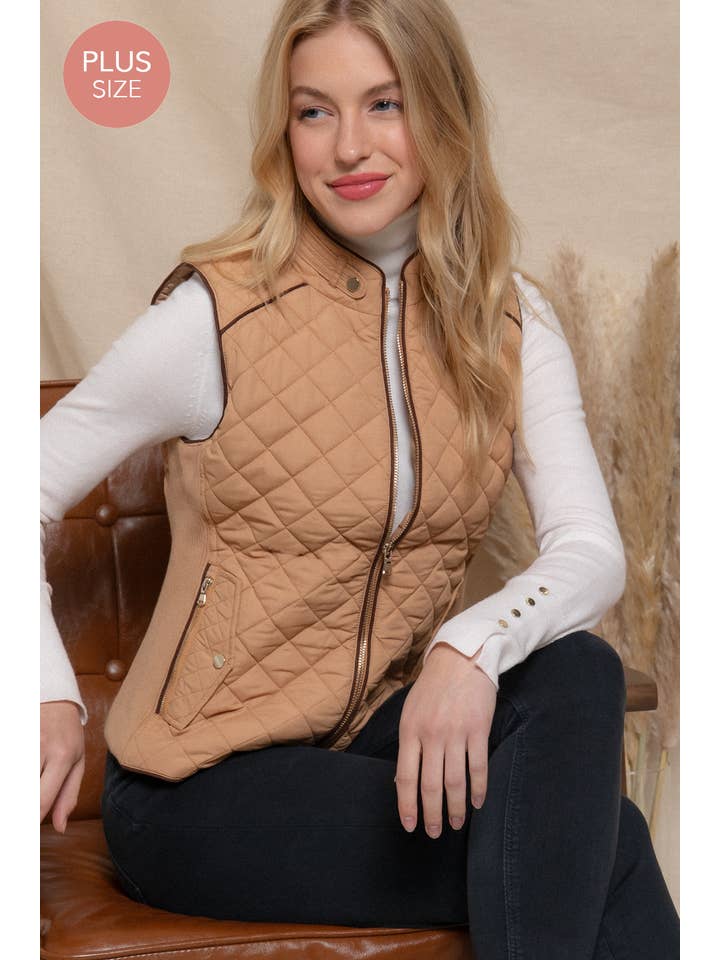 Active Basic | Active USA - Wholesale Outerwear Vest - Women's - Suede Piping Quilted Padding Vest