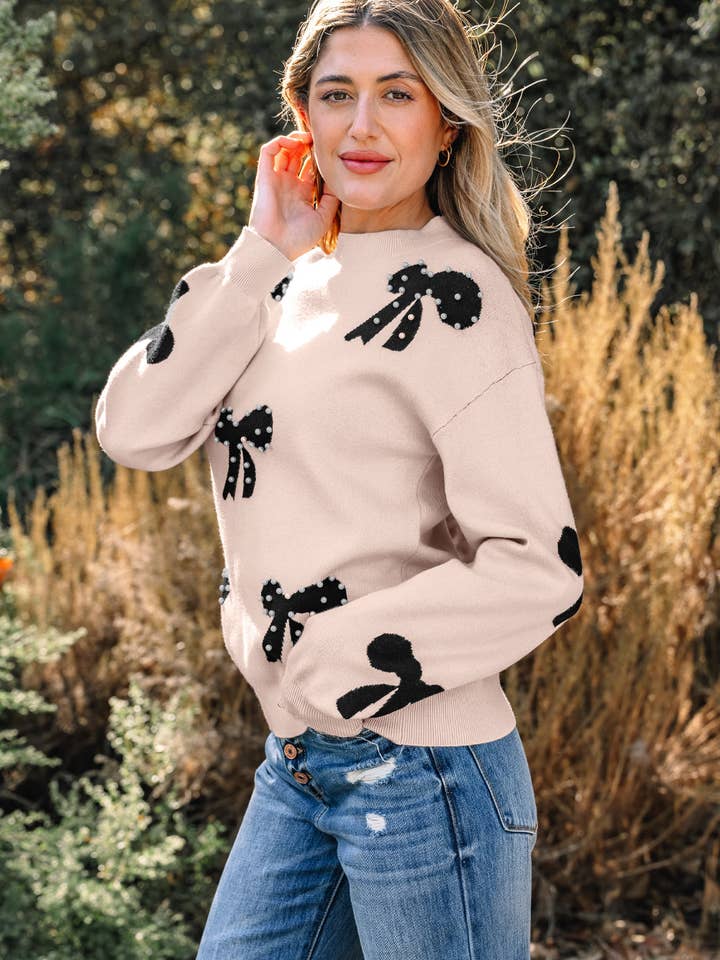 LALA LOO - Wholesale Knit Sweater - Women's - LALALOO Bow Pearl Embellished Ribbed Trim Sweater2