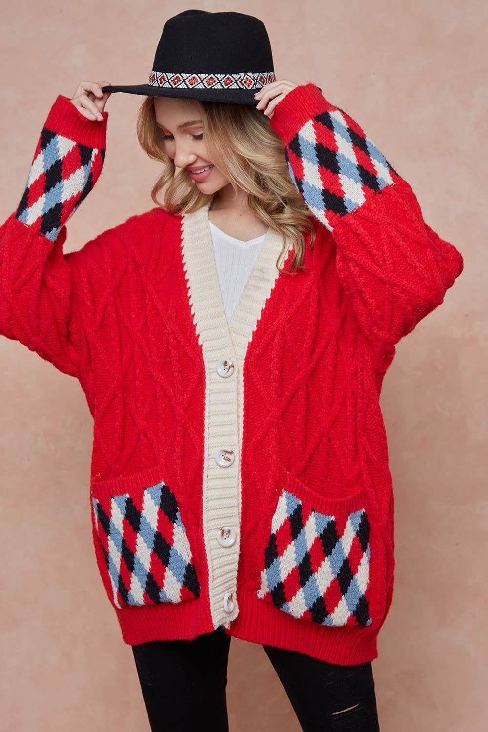 BNS - Wholesale Cardigan - Women's - Red Argyle Patterned Pocket Knit Sweater Cardigan1