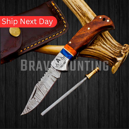 Bravohandicrafts – wholesale Pocket knife/holder – 6.5" Damascus Steel Folding Pocket Knife Handmade Sheath0