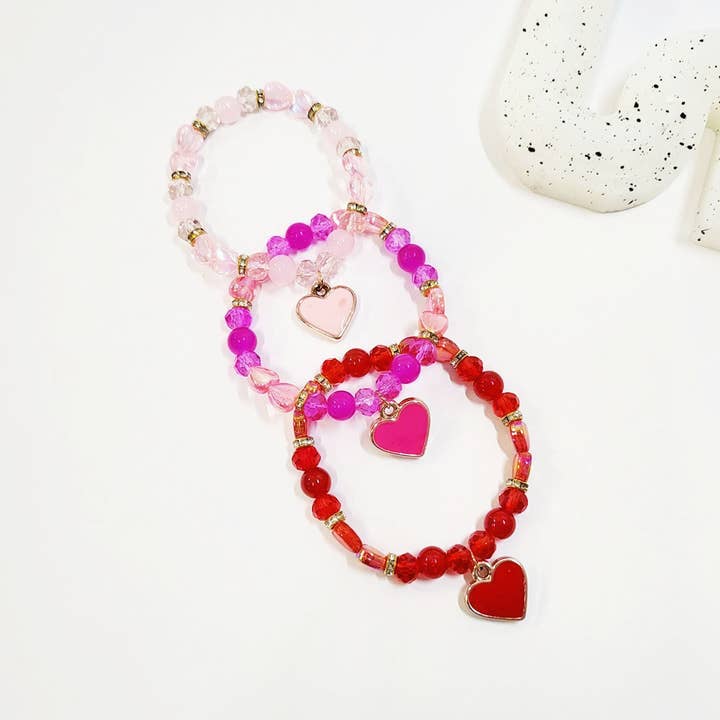 Assorted Color Heart Charm Beaded Stretch Bracelet for wholesale on Faire