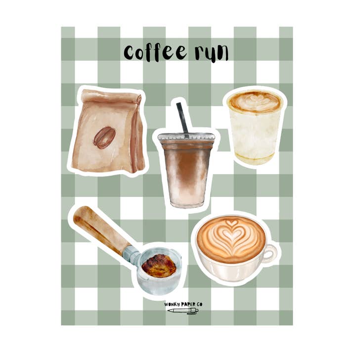 Coffee Run Sticker Sheet With 5 Coffee Themed Stickers for wholesale by Wonky Paper Co
