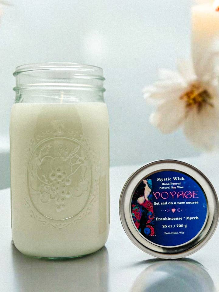 Frankincense & Myrrh - (Voyage) Soy Wax - Mason Jar Candle 25 oz. for wholesale by Mystic Wick LLC