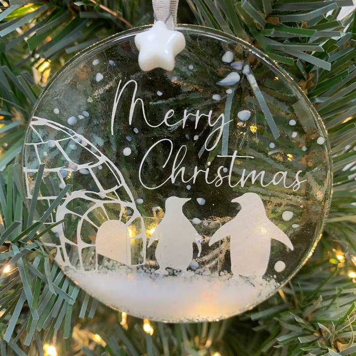 Handmade Glass Christmas Decoration - Penguin & Igloo for wholesale by Pam Peters Designs
