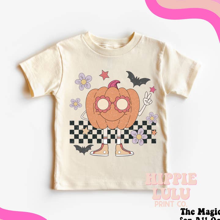 T-shirt rétro à carreaux en forme de citrouille | Hippie Retro pour enfants pour la vente par Hippie Lulu Co.