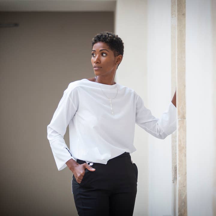 Oversized white shirt with boat neck and wide sleeves for wholesale by Ojos Negros