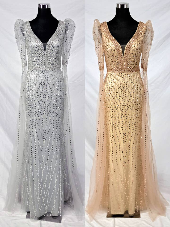 Vestido longo de lantejoulas com contas e mangas até ao chão C842 por atacado de Chicas