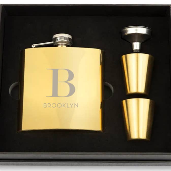 Weddingstar Inc. – wholesale Flask – Stainless Steel Hip Flask Gift Box Set-Modern Serif Monogram
