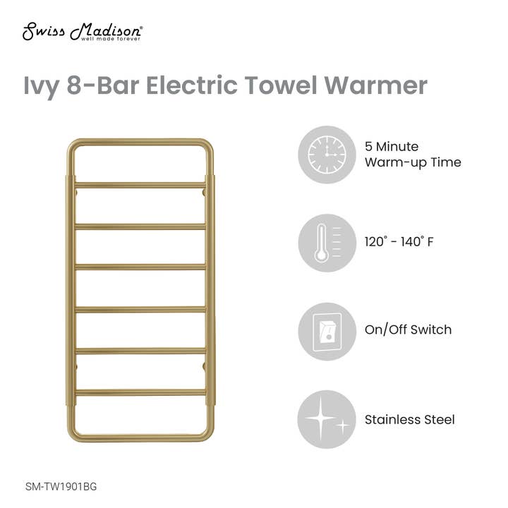 Swiss Madison - Wholesale Towel Holder/Hanger - Ivy 8-Bar Electric Towel Warmer in Brushed Gold3