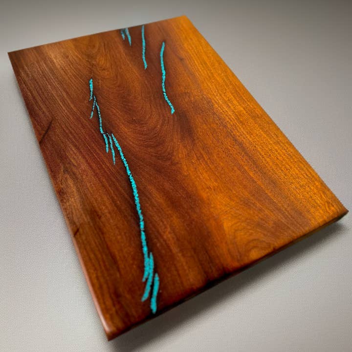 Mesquite charcuteribræt indlagt med naturlig turkis for engroshandel hos Bosqueinlay@gmail.com