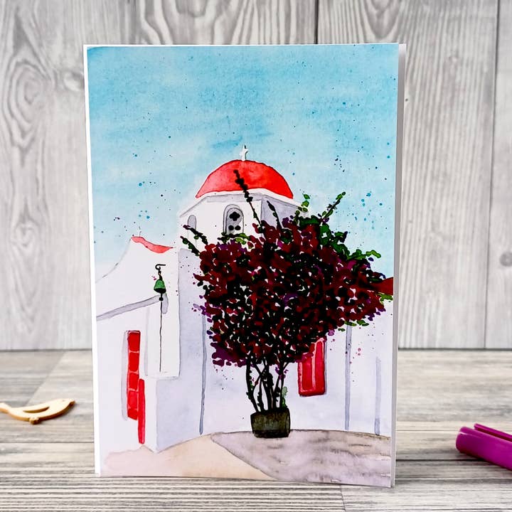 Christina Jenne Art and Design - Wholesale Everyday Greeting Card - Handmade Greeting Card - Church in Mykonos, Greece2