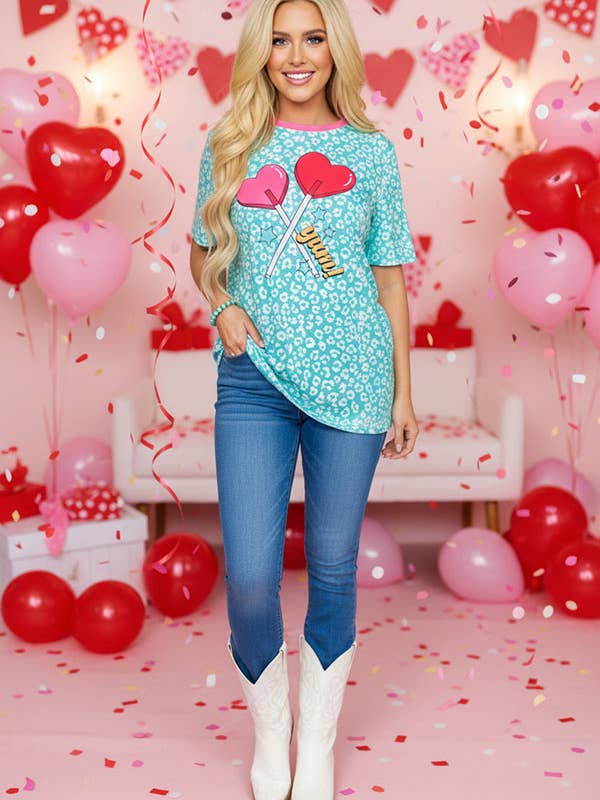 Mint leopard & red hearts short sleeve women top XCH14650 for wholesale by luluclothes