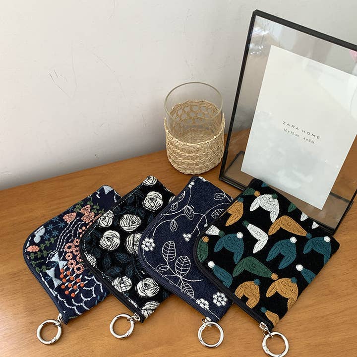 Mini porta-moedas/necessaire bordado em algodão e linho, fofo por atacado de Halcyon Outfitters®