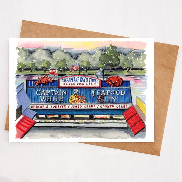 Captain White's Seafood City Greeting Card for wholesale by Right Place Studio